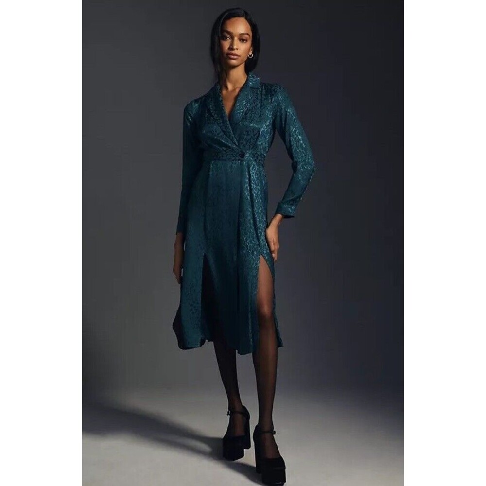 Anthropologie Blazer‎ Wrap Midi Dress UK 4 US 0 Green Satin Slit Long Sleeve XS